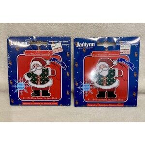 Vtg Janlynn Floral Santa XMAS Ornament Counted Cross Stitch Kit 41-156, Lot Of 2
